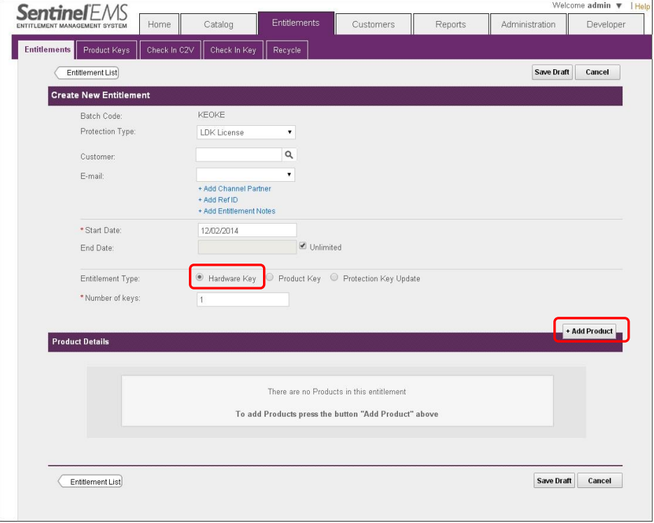 使用”New Entitlement”新建一个 Entitlement，在”Entitlement Type”中选择”Hardware Key”： 使用”Add Product”，添加已经定义完成的产品： 进入 Entitlements 选项: