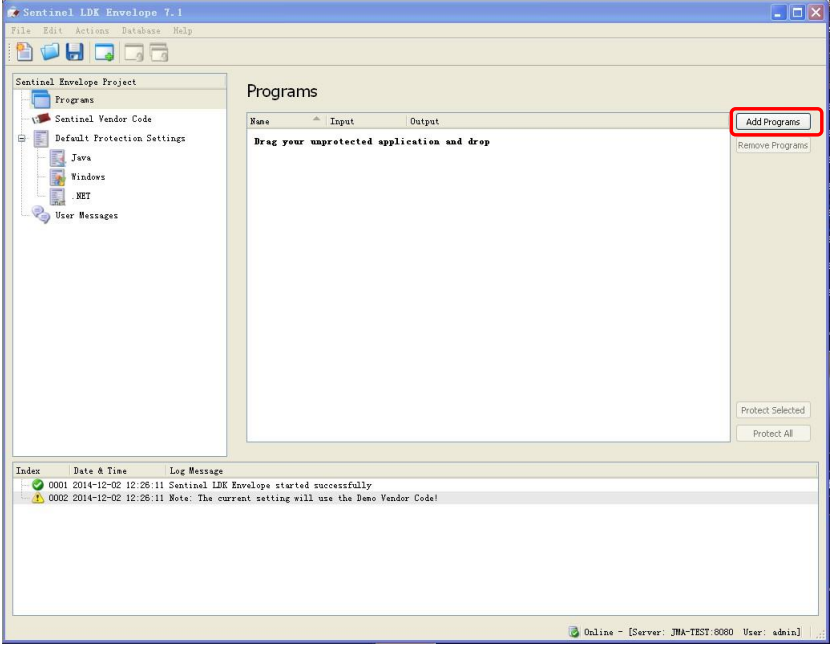 添加程序可以使用”Add Programs”按钮或者直接将要保护的 exe 或者 dll 文件拖 入加壳工具：